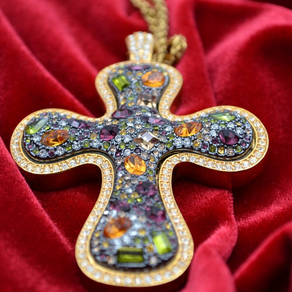 Pave' & Faceted Rhinestone Faux Multi-Colored Gemstone Cross Pendant+Chain/China